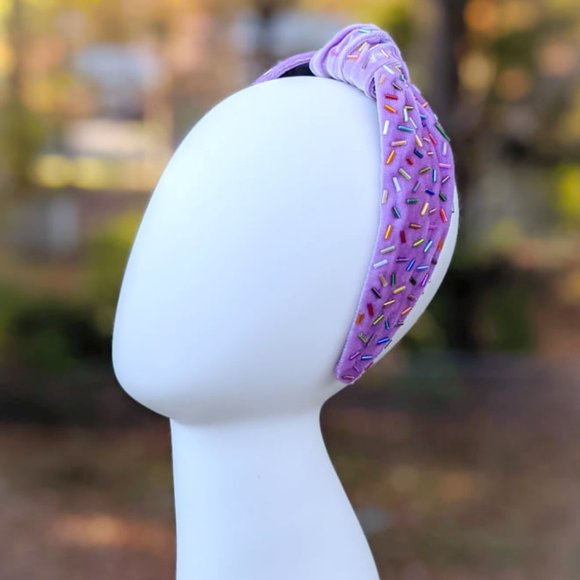 Lilac Confetti Beaded Knot Velvet Headband Rainbow Beads Handmade Knotted Turban main image 4